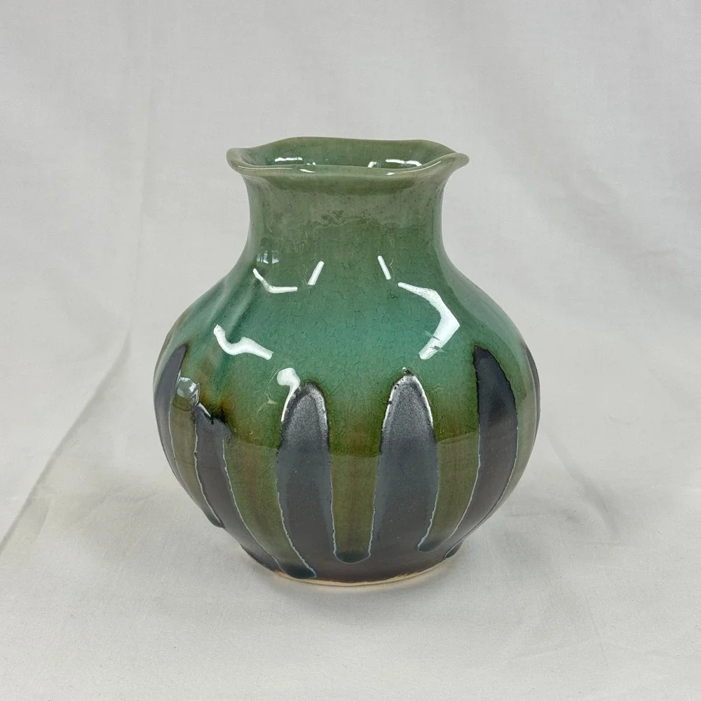 Vintage Studio Pottery Drip Glaze Vase‎ Green Brown Textured Scalloped Rim 5.5